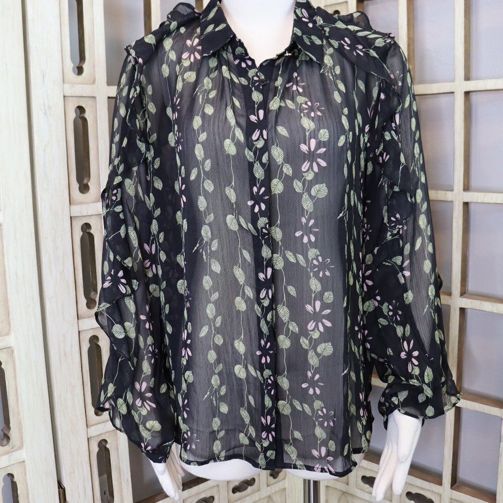 Umgee Floral Lightweight Button down Ruffle Long Sleeve Blouse Top [small] New